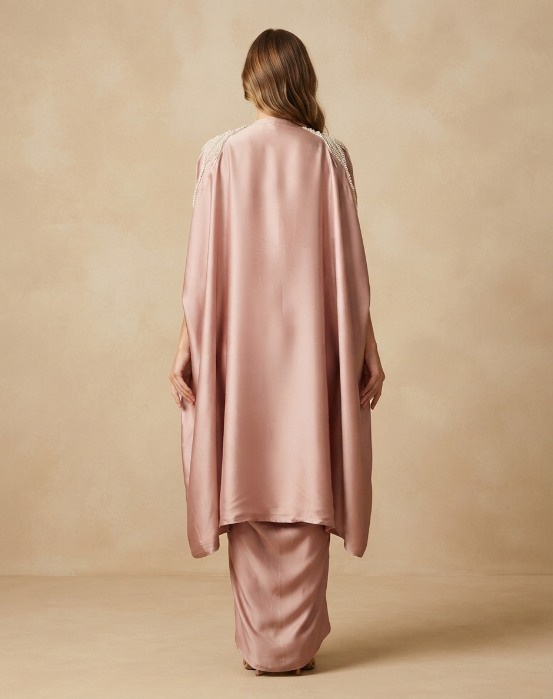 Dusty Rose Pink Draped Indo-Western Set with Pearl-Embellished Blouse