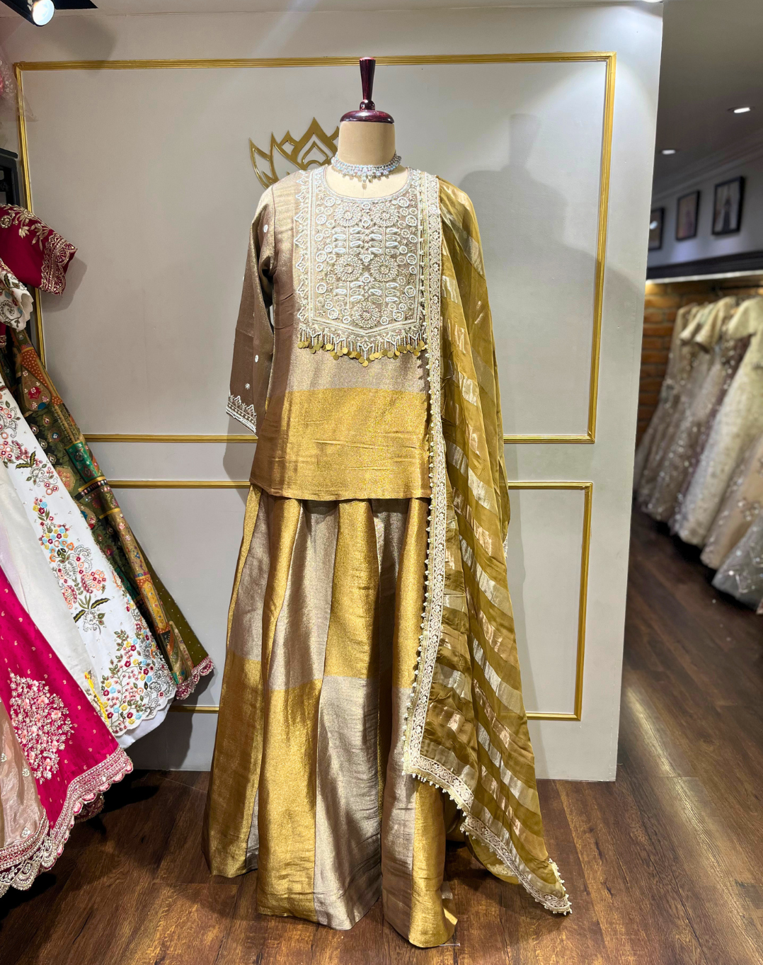 Champagne Gold Embroidered Tissue Suit Set