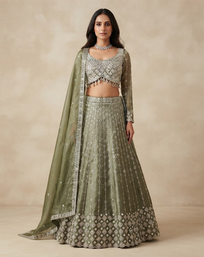 Sage Mist | Mirror & Cutdana Embellished Kanjivaram Lehenga
