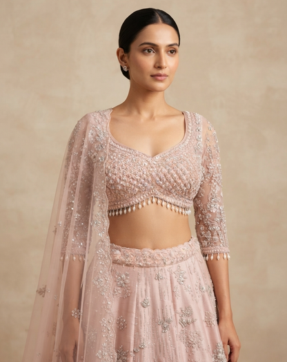 Rosé Veil | Zari & Cutdana Embroidered Lehenga