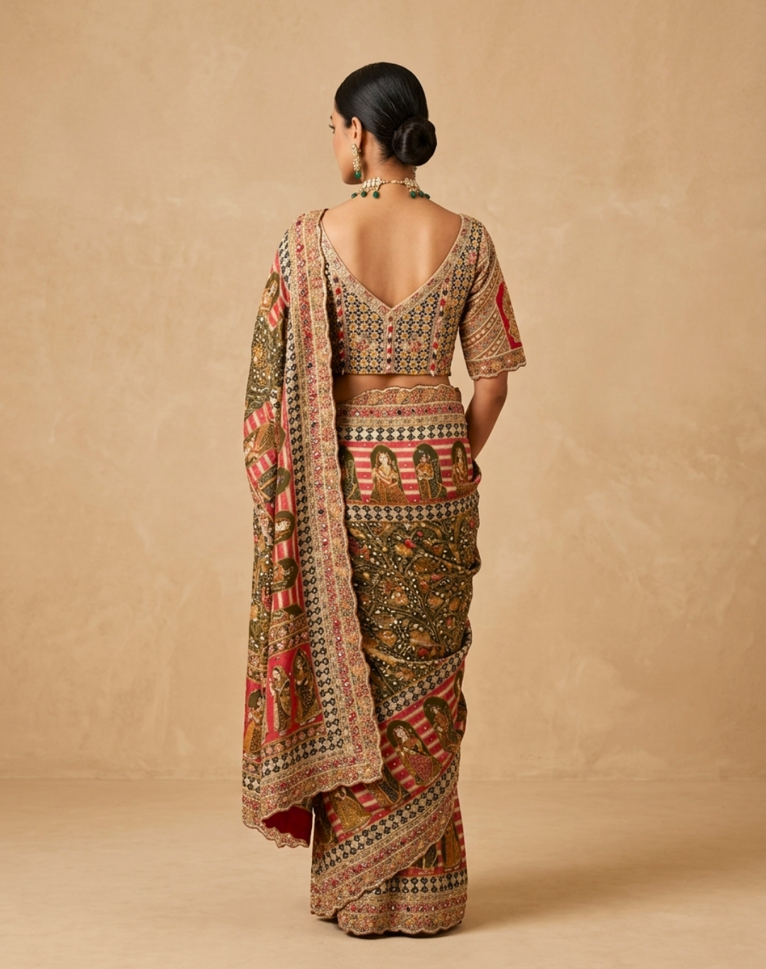 Handcrafted Dabka & Zardosi Tissue Saree with Heritage Art Print