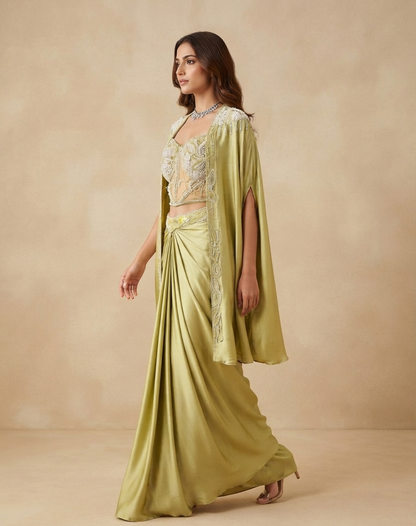 Pistachio Gold Draped Indo-Western Set with Embellished Corset Blouse