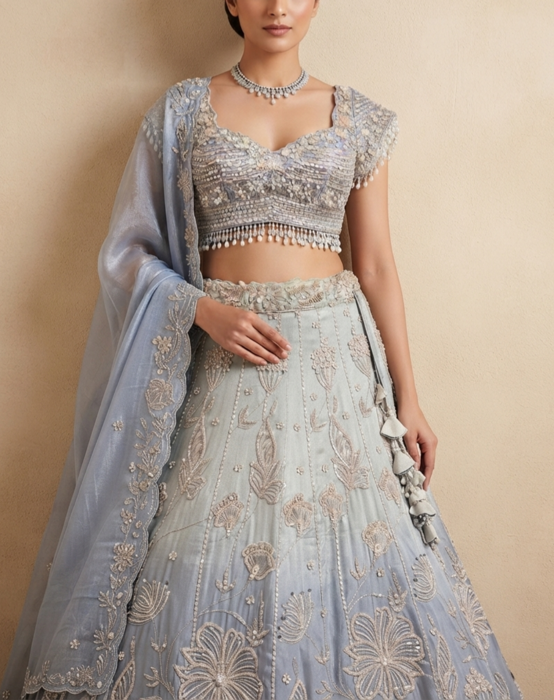 Frosted Bloom | Powder Blue Floral Embroidered Lehenga