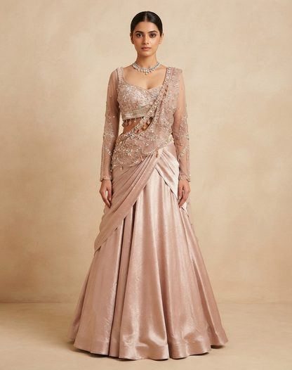 Dusty Rose Embellished Draped Skirt & Blouse Set