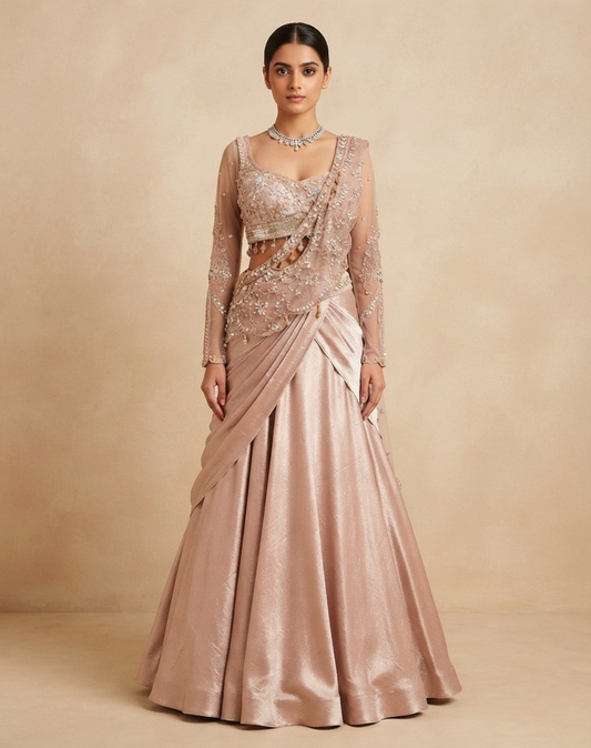 Dusty Rose Embellished Draped Skirt & Blouse Set