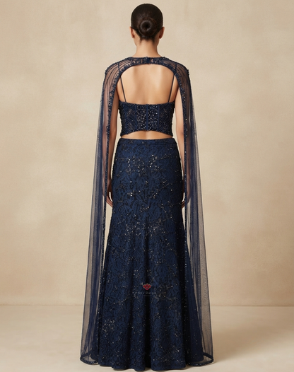 Midnight Muse | Beaded & Crystal Embellished Navy Blue Indo-Western Set