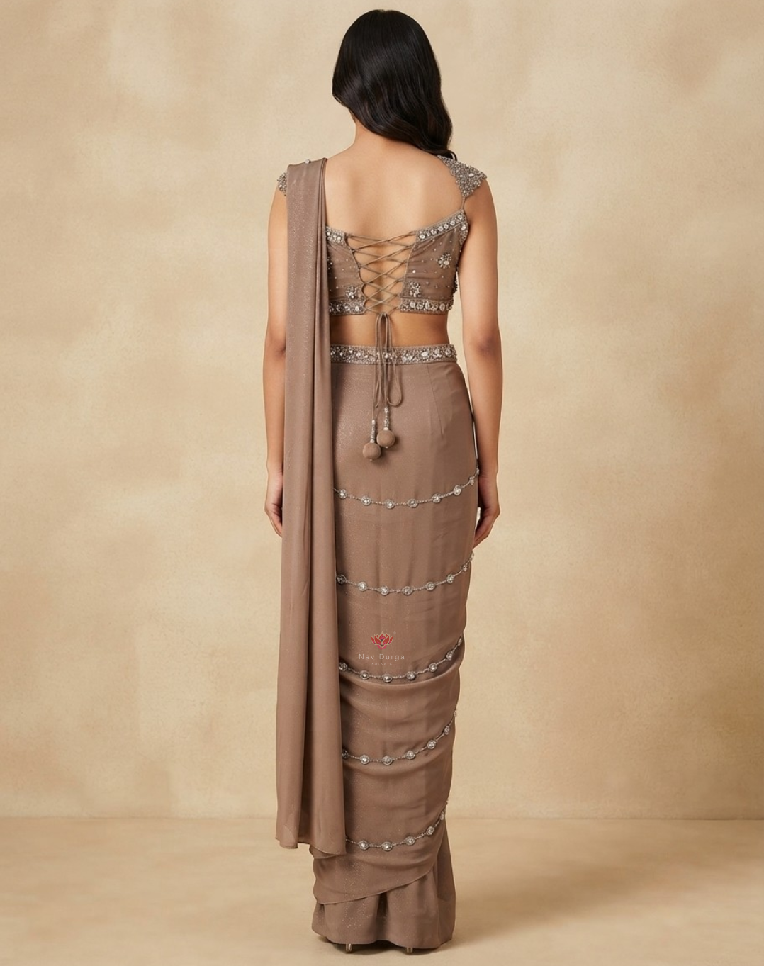 Mocha Muse | Crystal & Zari Embellished Taupe Mocha Drape Saree