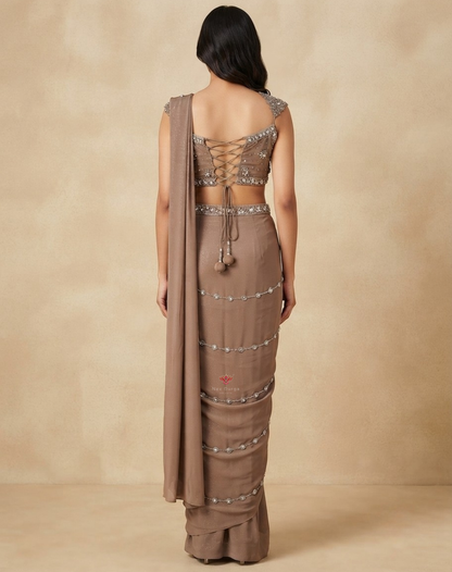 Mocha Muse | Crystal & Zari Embellished Taupe Mocha Drape Saree