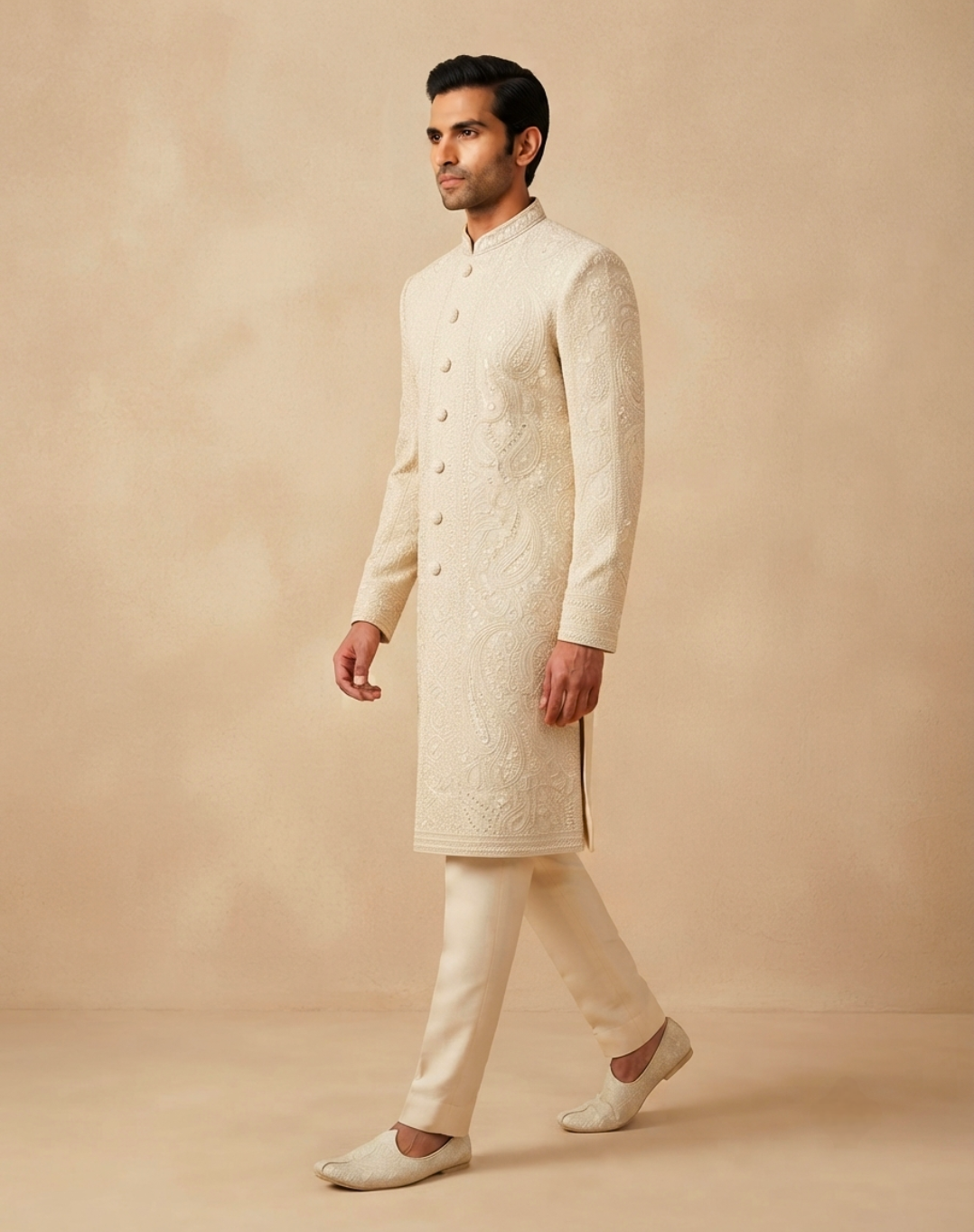 Ivory Resham & Cutdana Embroidered Sherwani