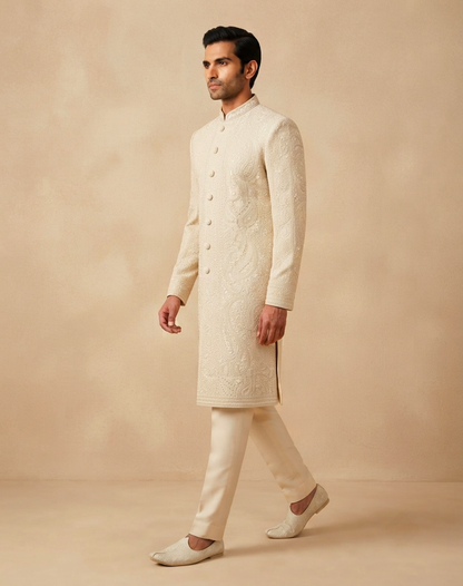 Ivory Resham & Cutdana Embroidered Sherwani