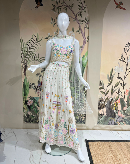 Ivory Floral Embellished Bamber Silk Jumpsuit