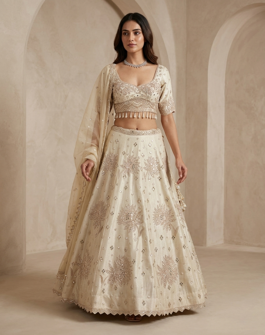Petal Lumière | Cutdana, Mirror & Floral Embellished Lehenga