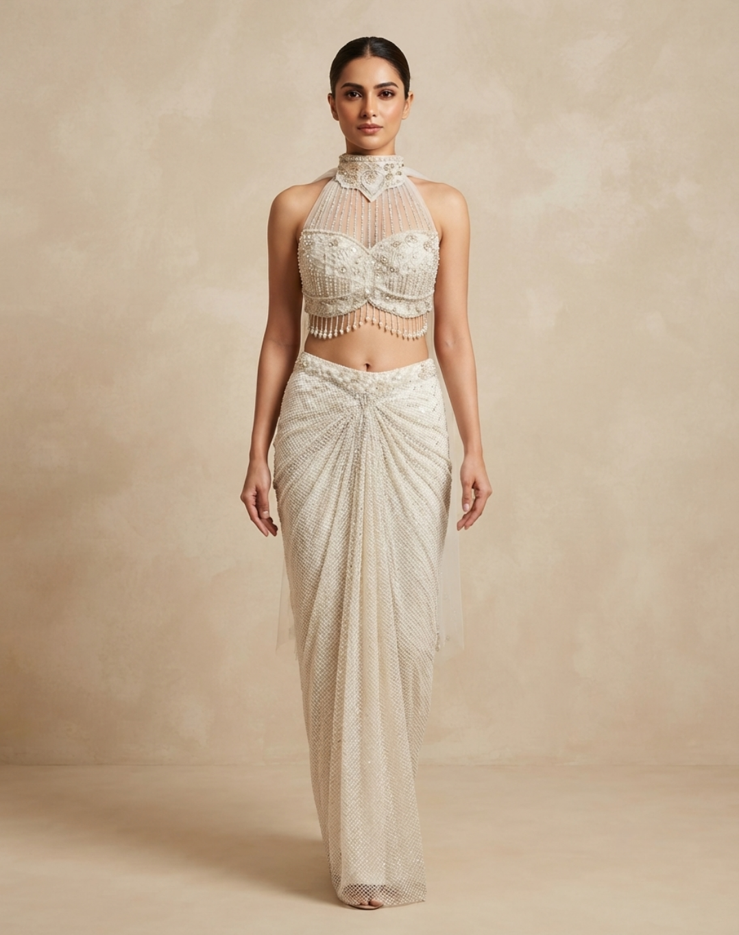 Pearl White Embellished Draped Skirt Set