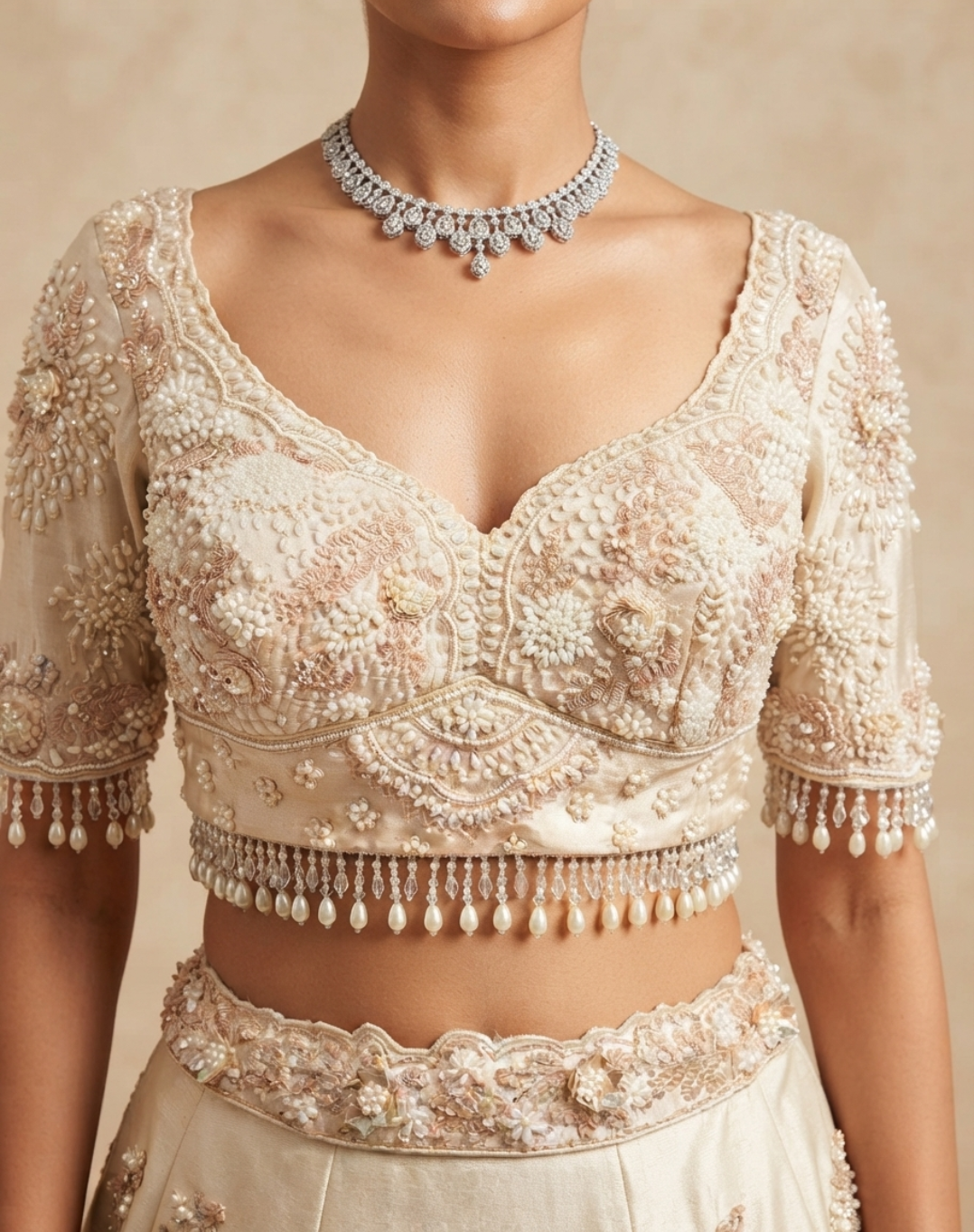 Ivory Bloom | Pearl & Crystal Embellished Tissue Lehenga