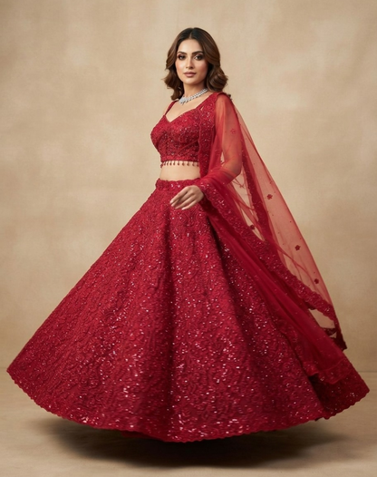 Crimson Bloom | Cutdana & Sequin Embellished Lehenga