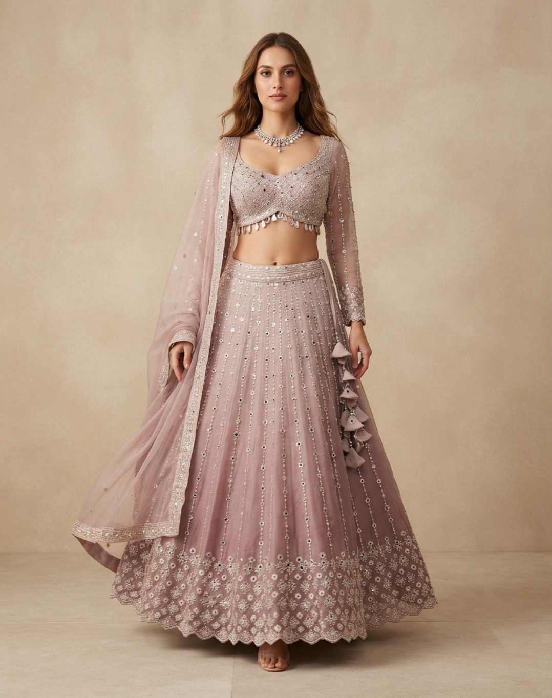 Sage Mist | Mirror & Cutdana Embellished Kanjivaram Lehenga