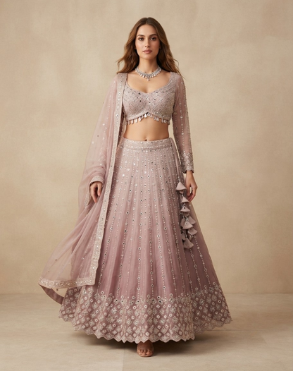 Sage Mist | Mirror & Cutdana Embellished Kanjivaram Lehenga