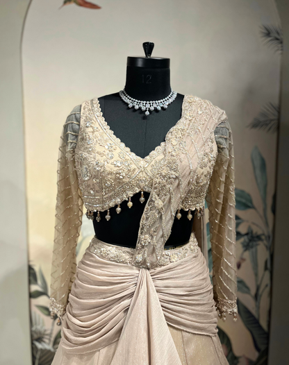 Champagne Radiance | Sequin & Cutdana Embellished Draped Skirt Set