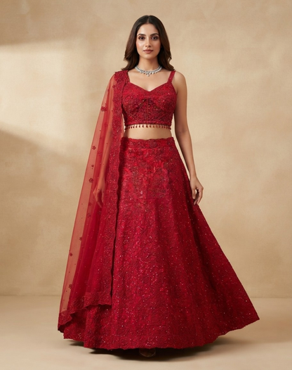 Crimson Bloom | Cutdana & Sequin Embellished Lehenga