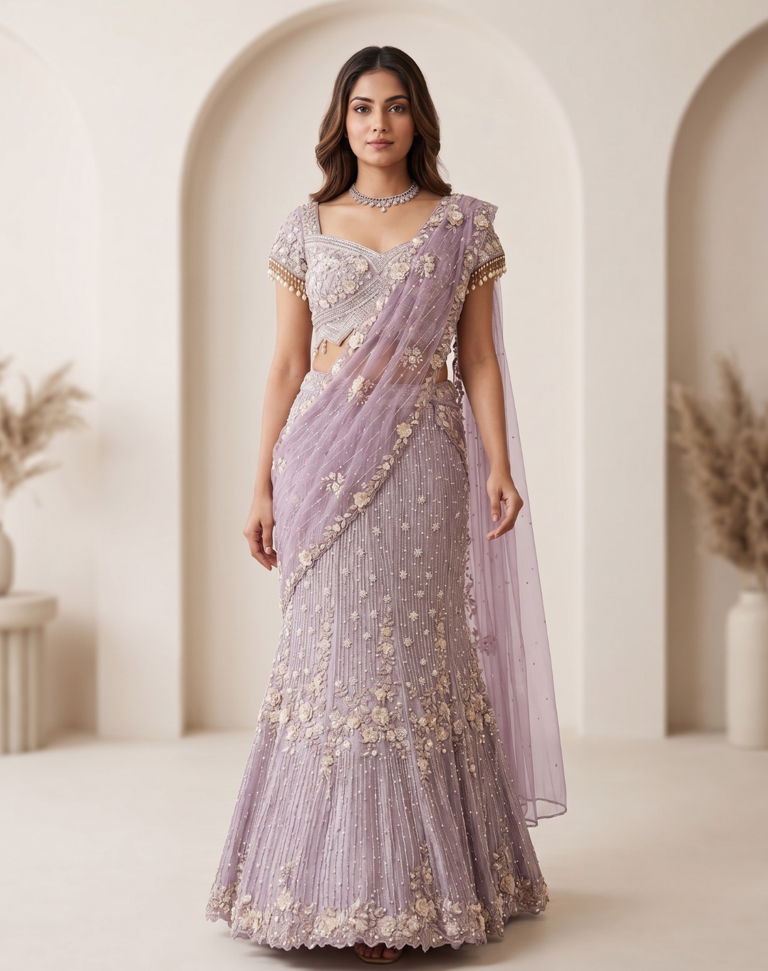 Lavender Lattice | Pearl & Thread Embellished Lehenga