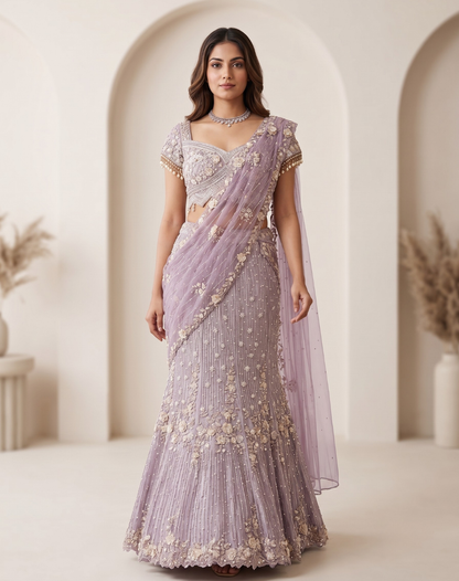 Lavender Lattice | Pearl & Thread Embellished Lehenga