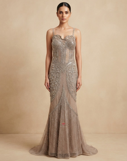 Moonlit Taupe | Cutdana & Sequin Embellished Mermaid Gown