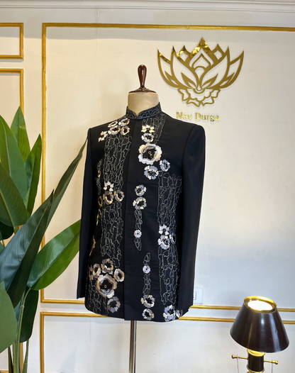 Black Orchid Embroidered Silk Indo-Western Set