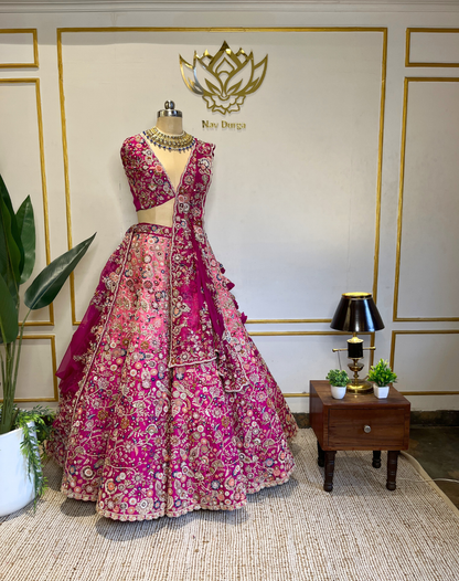 Royal Bloom | Hand-Embroidered Raw Silk Bridal Lehenga
