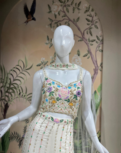 Ivory Floral Embellished Bamber Silk Jumpsuit