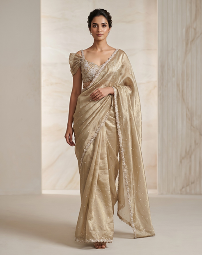 Petal Gleam | Cutdana & Crystal Embellished Glass Tissue Saree