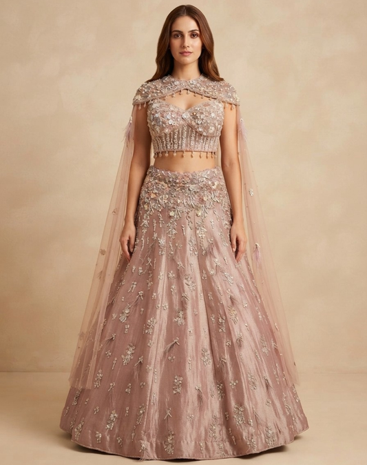 Blush Reverie | Pearl & Crystal Embellished Lehenga