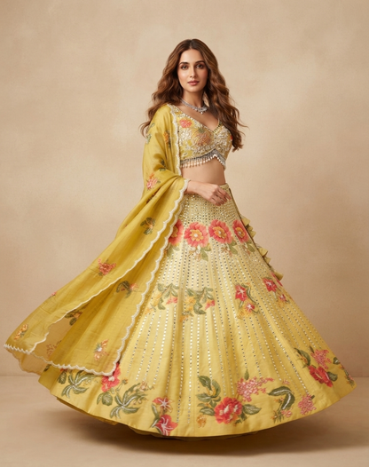 Marigold Bloom | Multicolour Mirror & Floral Embroidered Lehenga