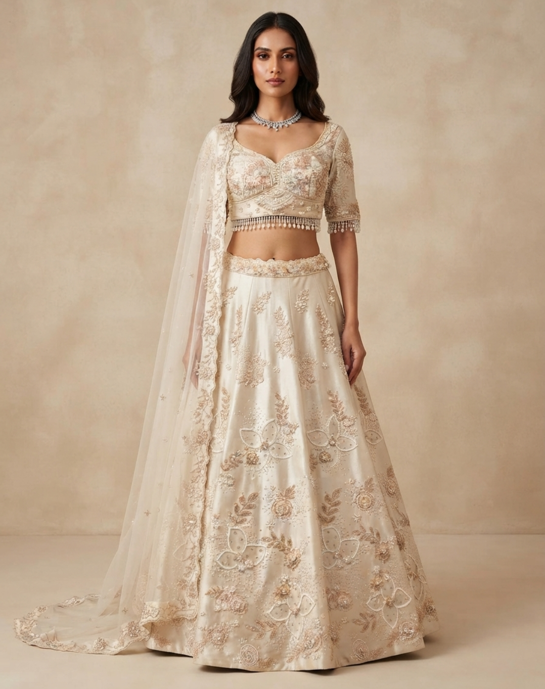 Ivory Bloom | Pearl & Crystal Embellished Tissue Lehenga