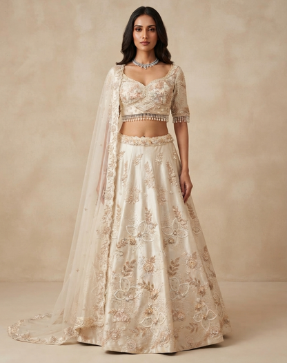 Ivory Bloom | Pearl & Crystal Embellished Tissue Lehenga