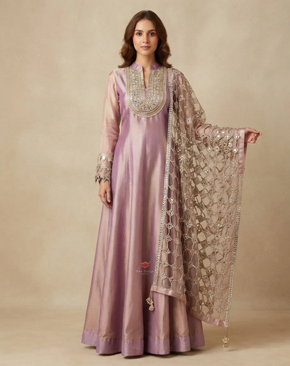 Moonlit Mauve | Zari, Sequin & Mirror Work Tissue Anarkali Suit