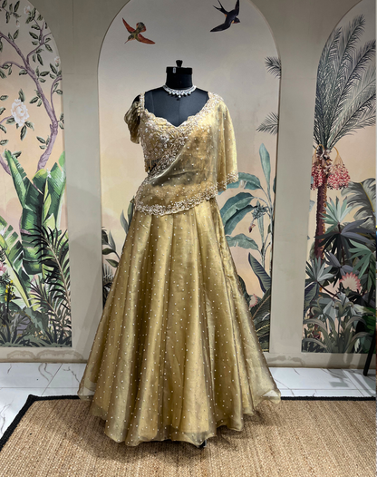Champagne Gold Kashmiri Drape Skirt & Blouse Set