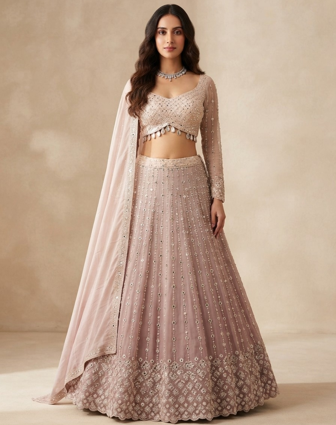 Sage Mist | Mirror & Cutdana Embellished Kanjivaram Lehenga