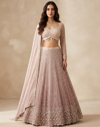 Sage Mist | Mirror & Cutdana Embellished Kanjivaram Lehenga