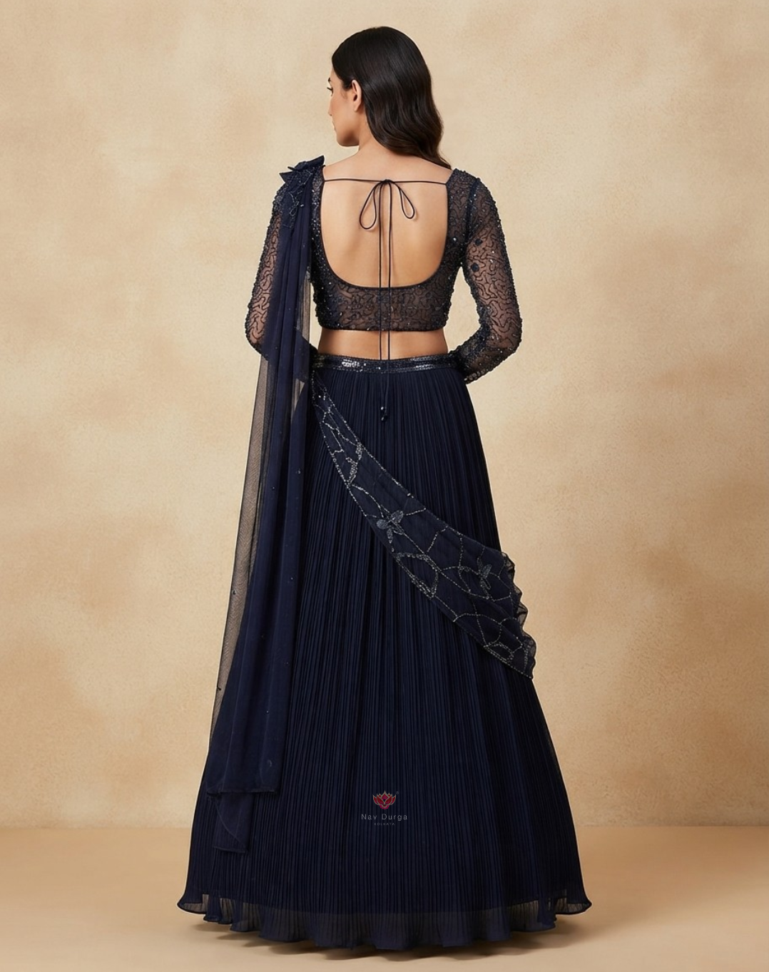 Midnight Bloom | Cutdana & Stone Embellished Navy Blue Georgette Lehenga