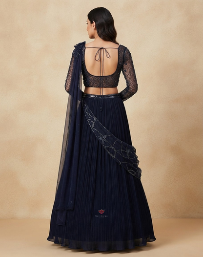 Midnight Bloom | Cutdana & Stone Embellished Navy Blue Georgette Lehenga