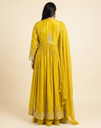 Mustard Yellow Embroidered Chinon Suit Set