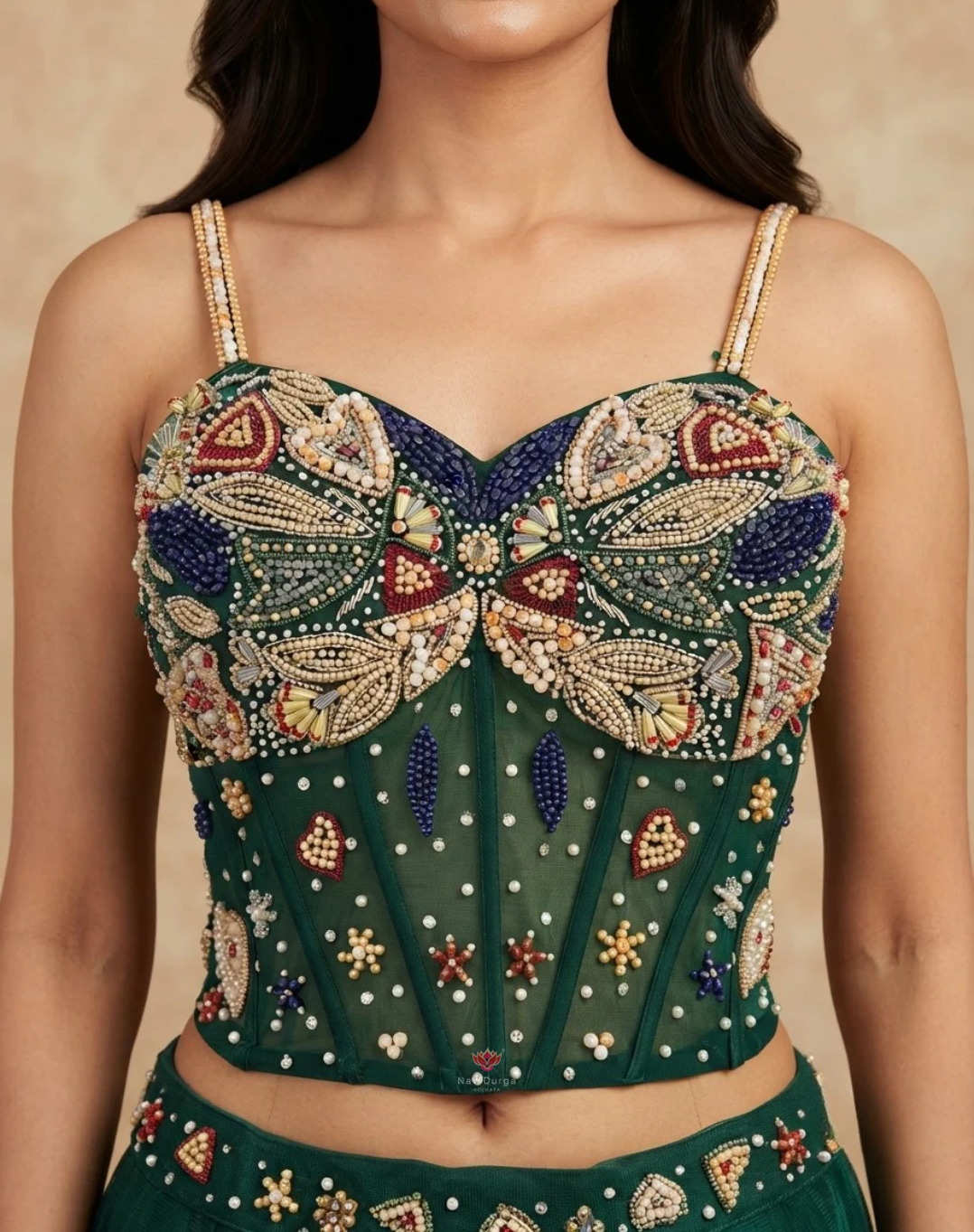 Emerald Muse | Pearl & Mirror Embellished Chinon Saree