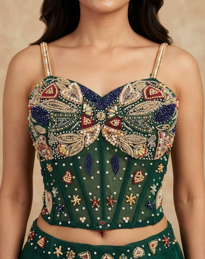 Emerald Muse | Pearl & Mirror Embellished Chinon Saree
