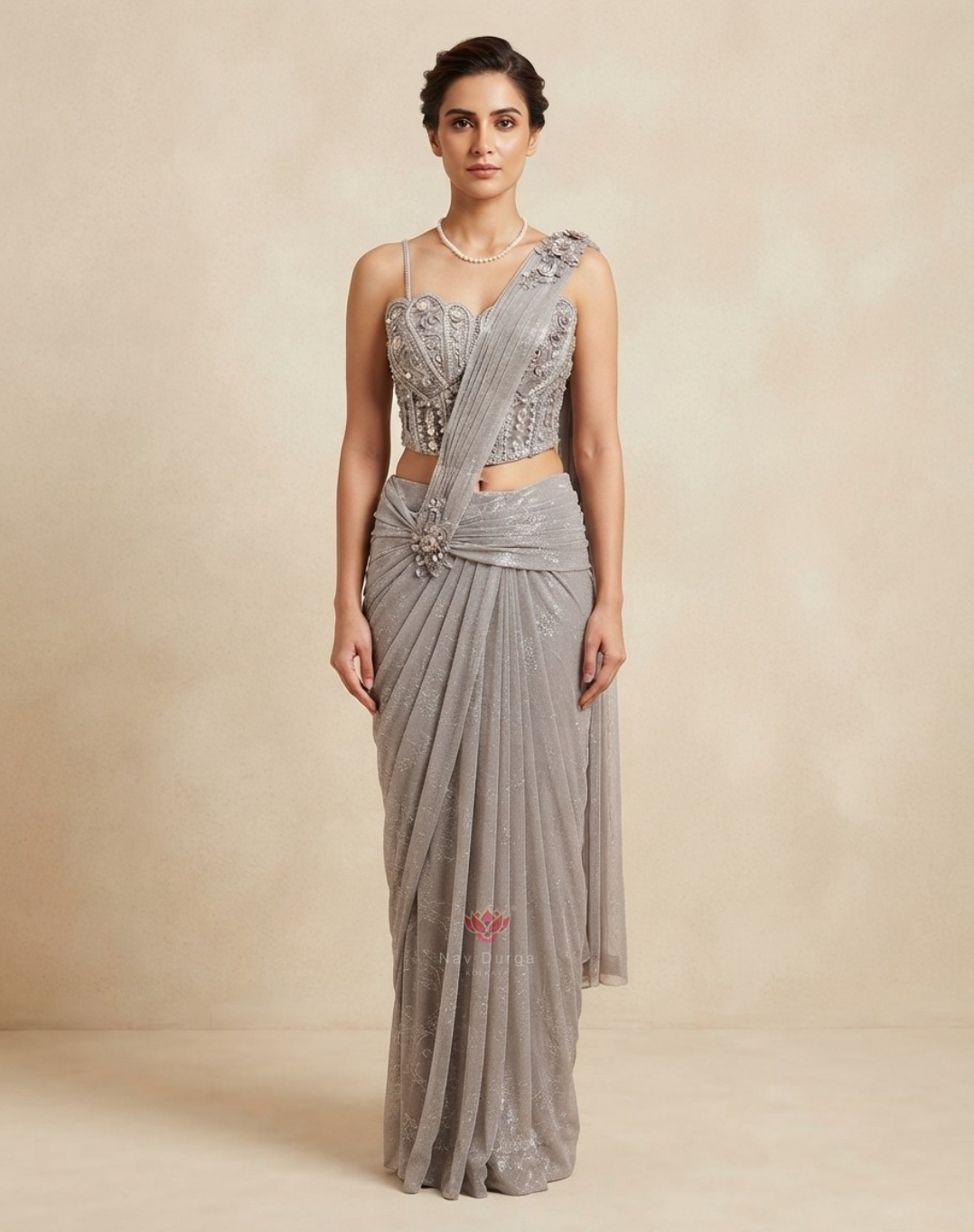 Champagne Reverie | Crystal & 3D Floral Draped Saree