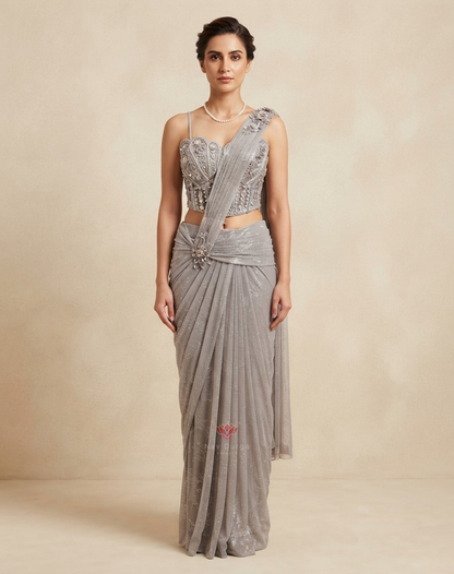 Champagne Reverie | Crystal & 3D Floral Draped Saree