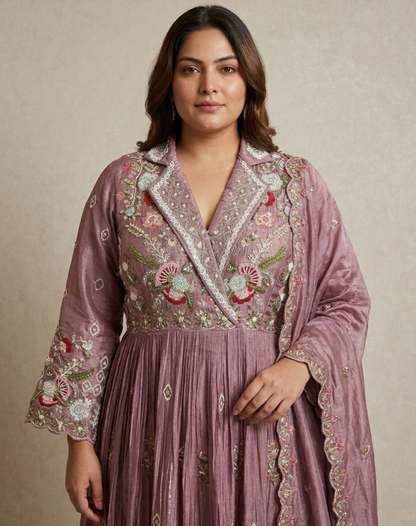 Dusty Mauve Embroidered Tissue Suit Set