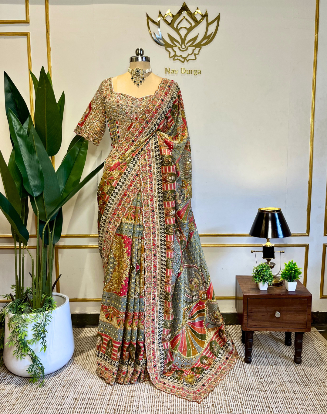 Handcrafted Dabka & Zardosi Tissue Saree with Heritage Art Print