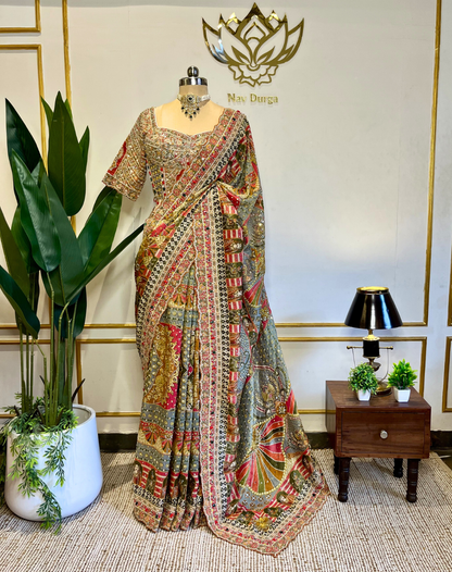 Handcrafted Dabka & Zardosi Tissue Saree with Heritage Art Print
