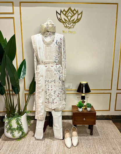 Ivory Heritage Hand-Embroidered Bamber Silk Sherwani Set