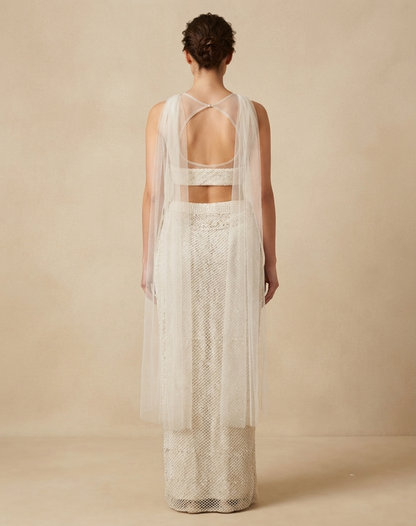 Pearl White Embellished Draped Skirt Set